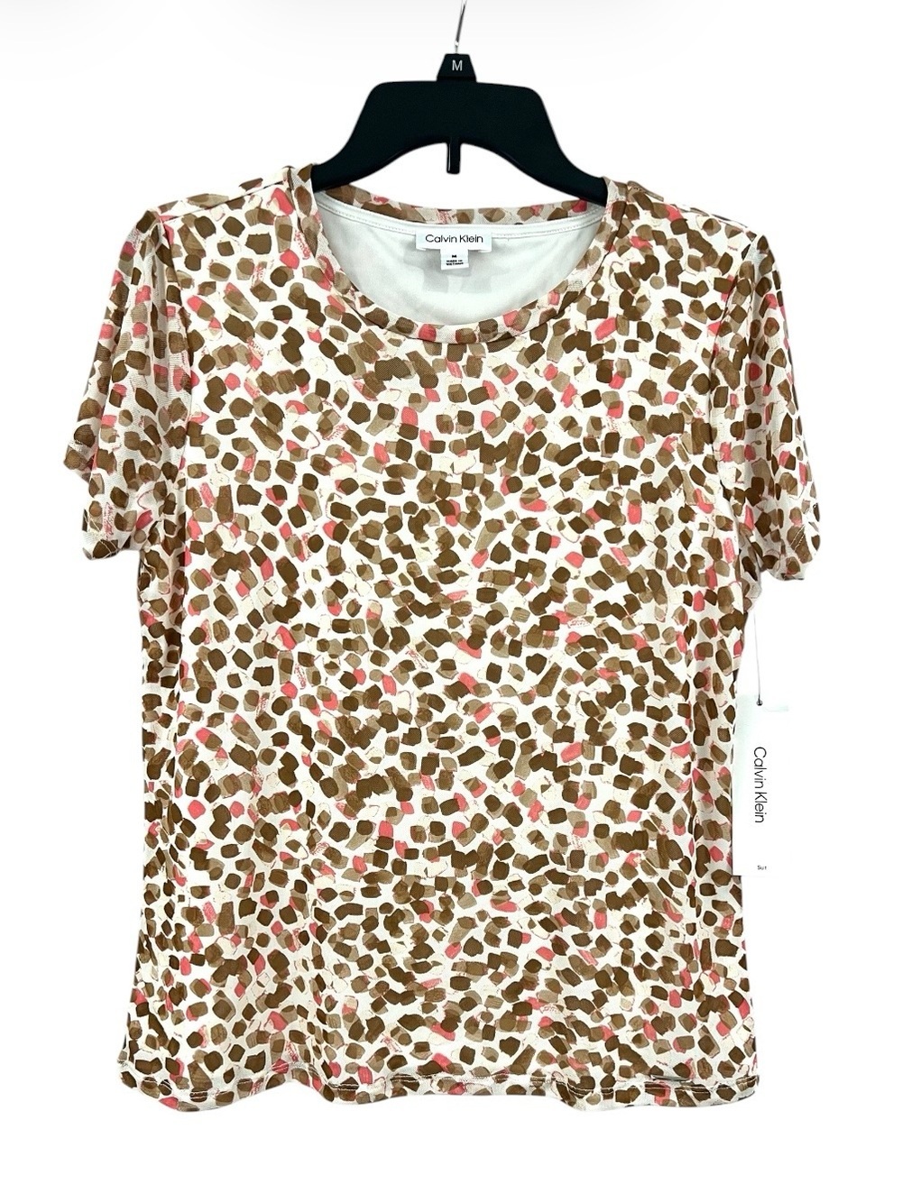 NWT Calvin Klein Mesh Overlay Abstract Paint Dot Short Sleeve Blouse